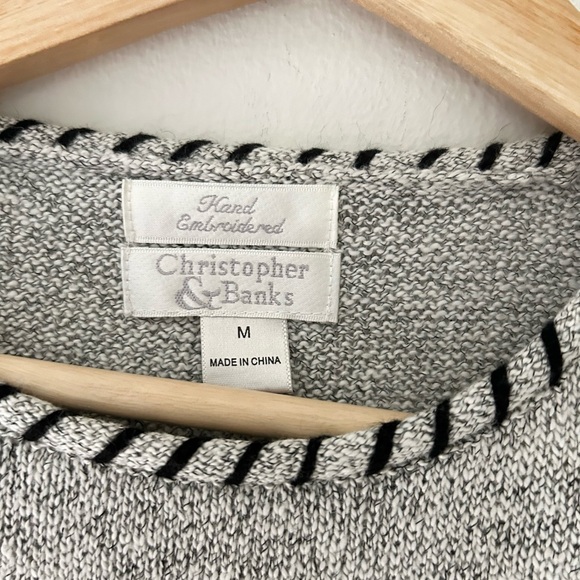 Vintage Christopher & Banks Medium Black Gray Cat Embroidered Knit Sweater - Picture 2 of 4